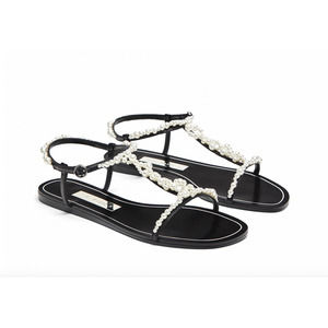 ZARA T-Strap Slides FAUX PEARL BEADED Slim Straps Flat Sandal Shoes 39 US 8